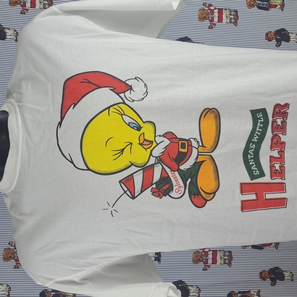 Vintage Tweety Bird Santa's Helper casual Christmas graphic XL white t-shirt - Picture 3 of 7